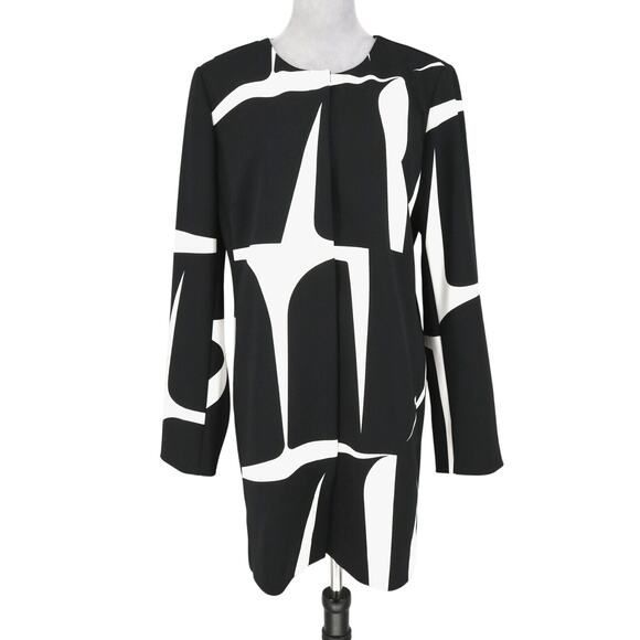dennis basso Jackets & Blazers - Dennis Basso Jacket Womens 14 Black White Print Long Lined Snaps Stretch Career